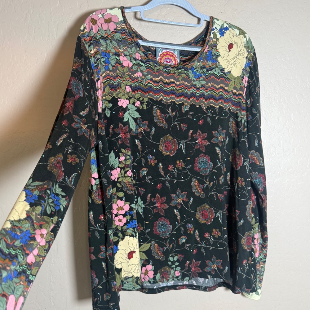 Johnny Was Floral Chevron Long Sleeve Top Womens Large Black Art To Wear Print